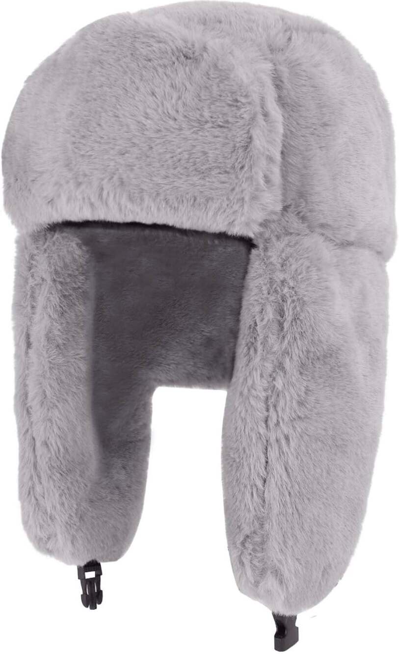 Grey Faux Fur Winter Trapper Hat Russian Ushanka with Earflaps
